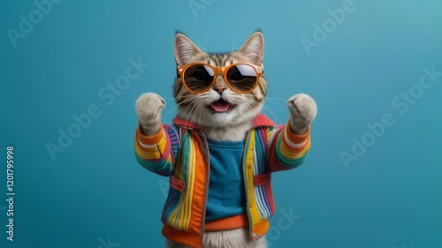A playful and stylish cat wearing sunglasses and a colorful clothes, dancing. This vibrant and humorous image captures the quirky personality of cats and brings a smile with its bright colors and whim