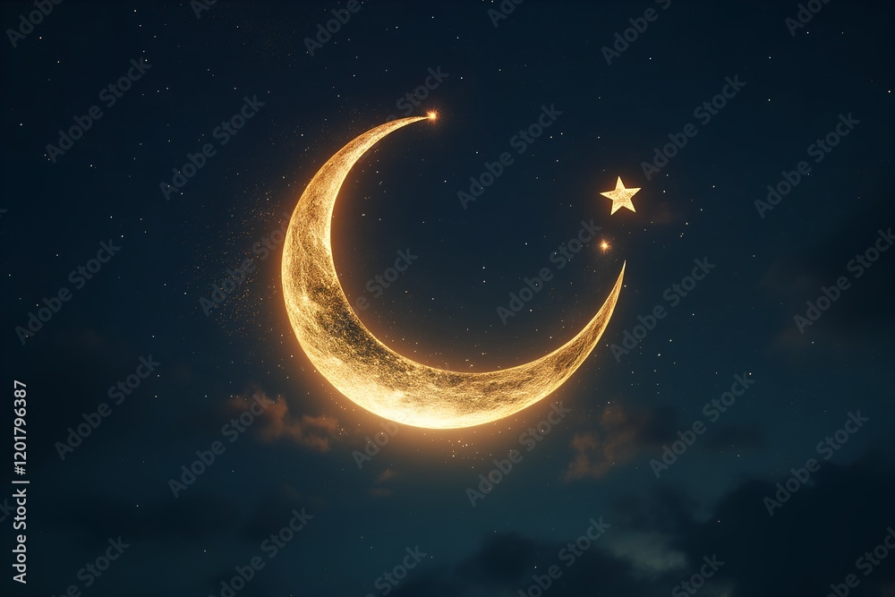 Naklejka premium Glowing Crescent Moon and Star in a Peaceful Starry Night Sky Depicting Tranquility and Celestial Beauty