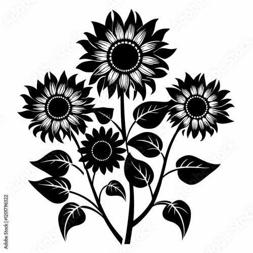 Sunflower Symphony: Black Silhouette Vector on White