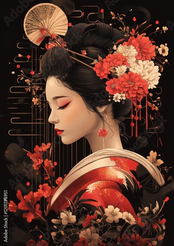 Elegant Japanese Geisha Surrounded by Floral Beauty