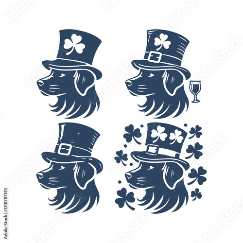 St. Patrick's Day Dog with Clover Hat Vector Silhouette Set Design Illustration