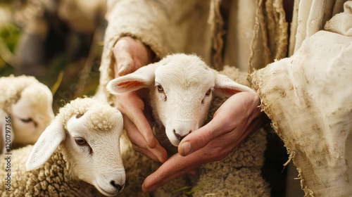 Gentle hands holding a lamb among a flock in a pasture. A man selects a small innocent lamb for an offering