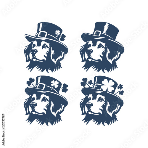 St. Patrick's Day Dog with Clover Hat Vector Silhouette Set Design Illustration