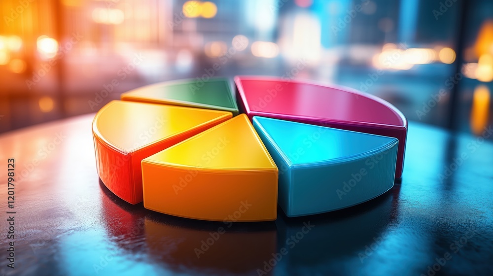 Fototapeta premium Colorful pie chart model representing data analysis on a reflective surface during evening light