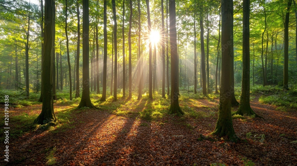 Fototapeta premium Sunbeams through lush green forest.