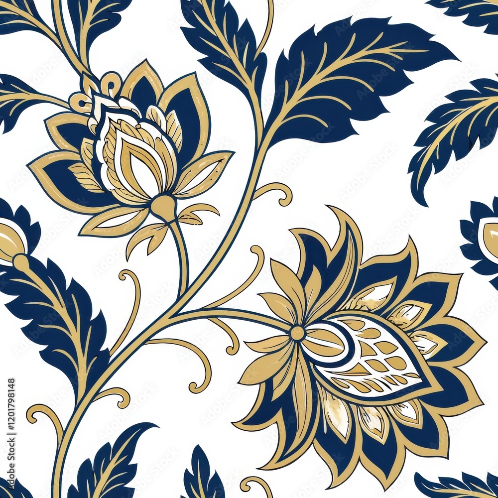 Fototapeta premium A beautiful floral pattern featuring gold and navy blooms intertwined with delicate leaves on a white background.