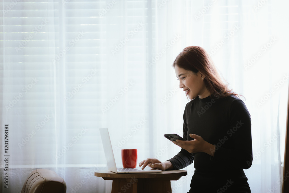 A young woman is relaxing in a cozy coffee shop, smiling as she sips her coffee. She uses her laptop and smartphone to multitask, whether it's reading a book or surfing the web, combining her modern l A young woman is relaxing in a cozy coffee shop, smiling as she sips her coffee. She uses her laptop and smartphone to multitask, whether it's reading a book or surfing the web, combining her modern l