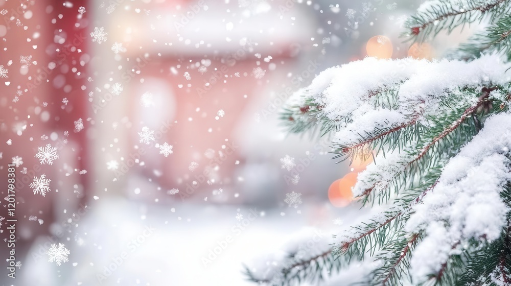 Obraz premium A winter background image showing snow falling on pine tree branches with blurred lights in the background