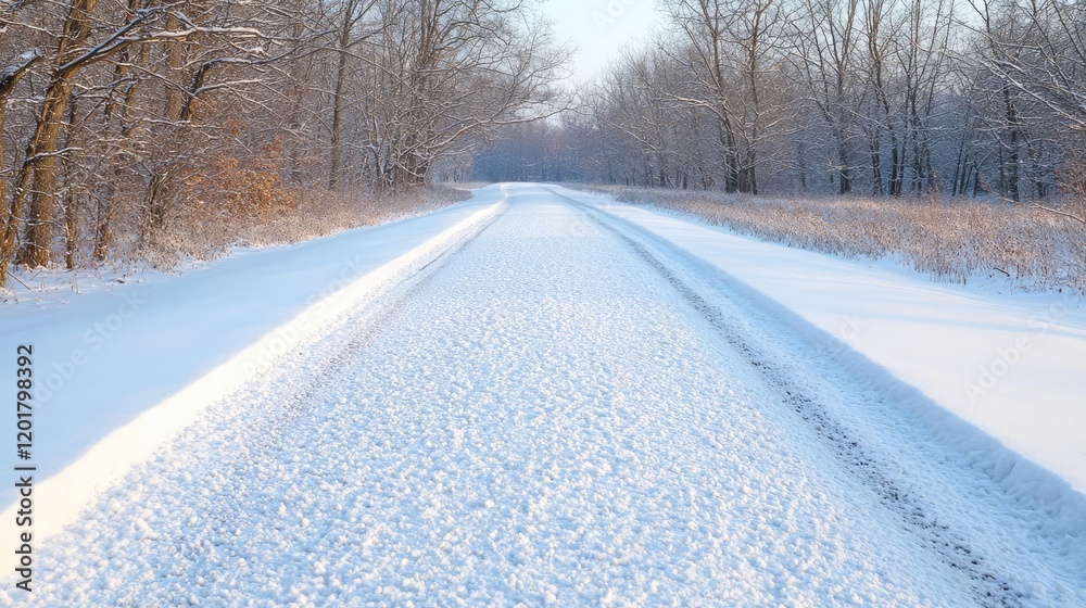 Snowy path through winter forest, sunlight, tranquil scene, nature photography, ideal for winter travel brochures Snowy path through winter forest, sunlight, tranquil scene, nature photography, ideal for winter travel brochures
