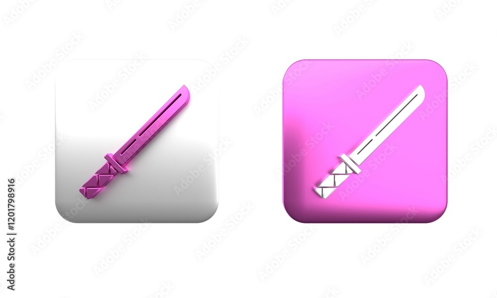 Colorful Traditional Japanese katana icon isolated on white background. Japanese sword. Square button. 3D render illustration Colorful Traditional Japanese katana icon isolated on white background. Japanese sword. Square button. 3D render illustration