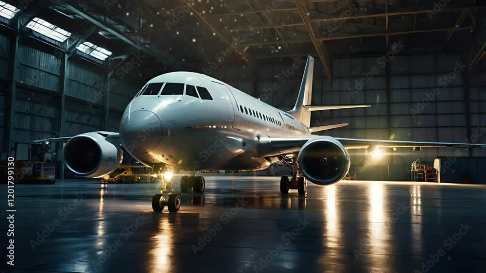 The airplane is in the hangar. Seamless 4K looping timelapse video animation background The airplane is in the hangar. Seamless 4K looping timelapse video animation background