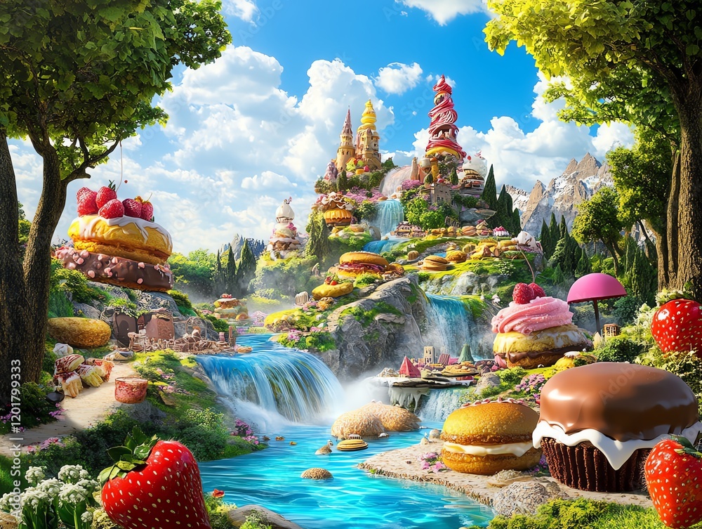 Obraz premium Whimsical candy castle nestled in a lush landscape, cascading waterfalls, delicious treats. Perfect for children's book, fantasy, or dessert-themed projects.