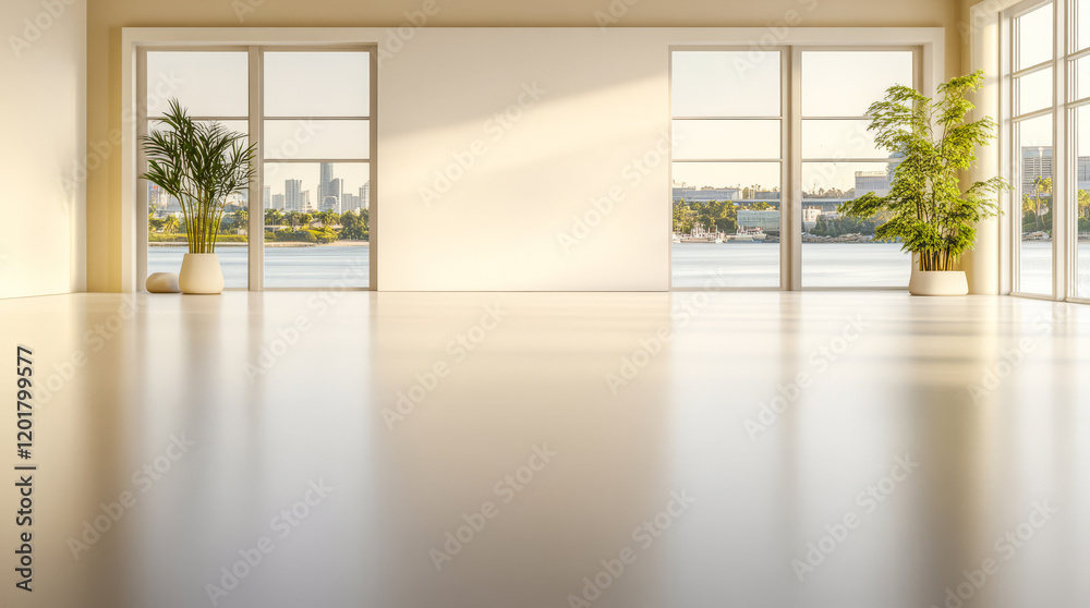 Fototapeta premium Bright and spacious interior with large windows overlooking the river landscape