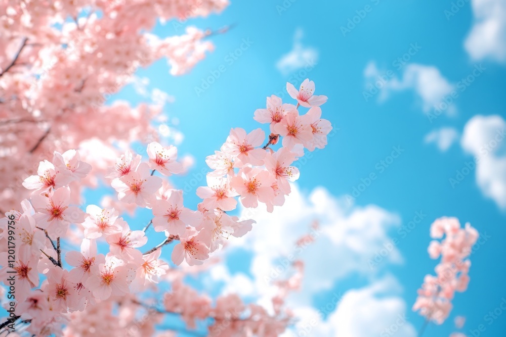 Fototapeta premium Bright Sky with Pink Cherry Blossoms and White Clouds