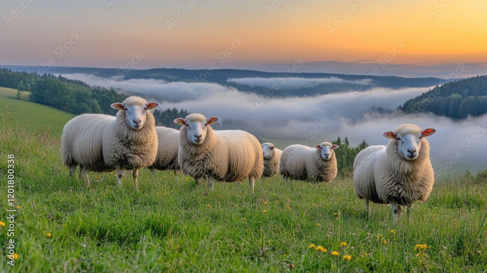Naklejka premium Sheep grazing hillside sunrise fog