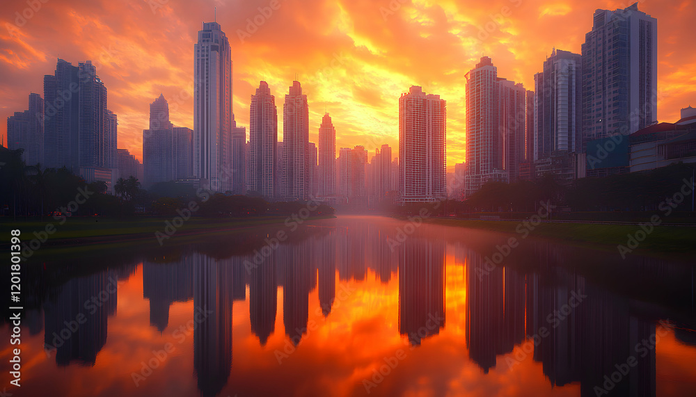 Fototapeta premium Fiery sunset over a city skyline reflected in calm water, creating a stunning, symmetrical cityscape.