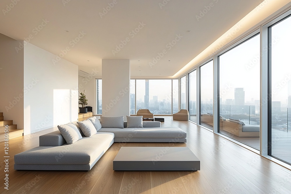 Fototapeta premium A modern minimalist interior design for a living room with large windows and a sofa and table. Generative AI 