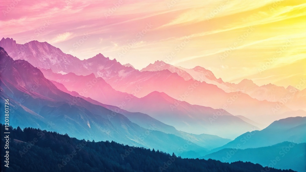Serene Panorama of Pastel Mountains at Sunset, Layers of Peaks and Valleys bathed in Soft Hues Serene Panorama of Pastel Mountains at Sunset, Layers of Peaks and Valleys bathed in Soft Hues
