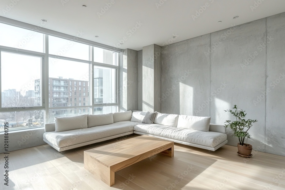 Fototapeta premium A midcentury modern interior design in an apartment living room with large windows and a sofa and table. Generatvie AI 