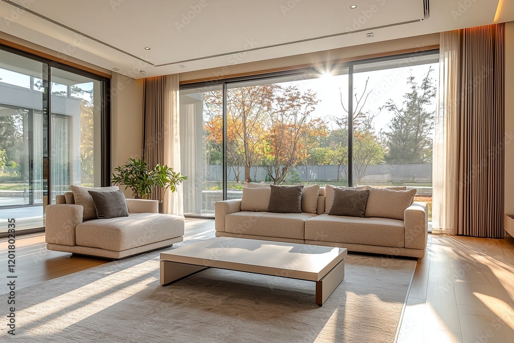 Fototapeta premium Modern Scandinavian interior design of a residential living room with large windows and a sofa and table. Generative AI 