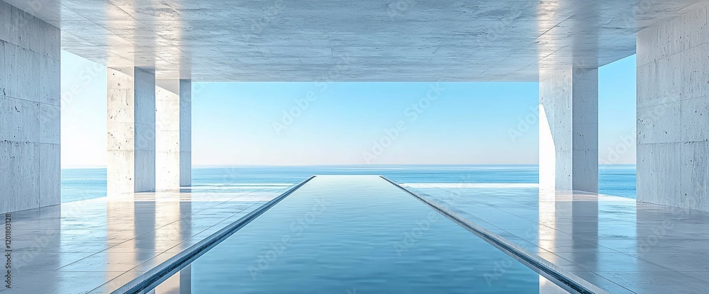 Fototapeta premium Minimalist ocean view infinity pool in modern concrete architecture.