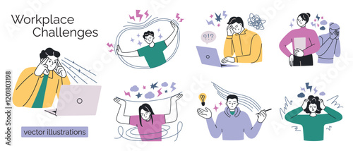 Workplace wellness vector illustrations, work challenges and emotions set. Stress, productivity, teamwork, and mental health scenes. Flat cartoon characters for business and corporate themes