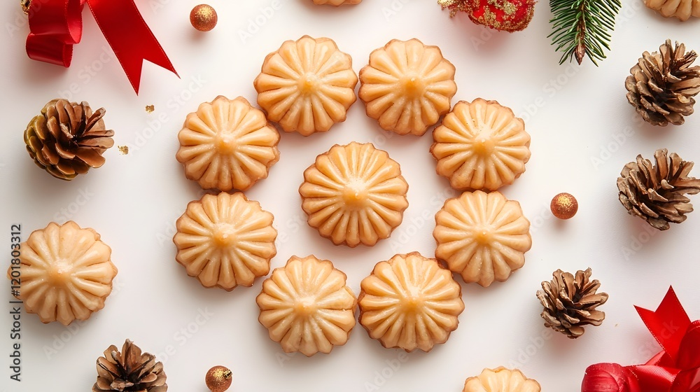 Festive Pineapple Tarts in Circular Arrangement with Holiday on White Surface Festive Pineapple Tarts in Circular Arrangement with Holiday on White Surface