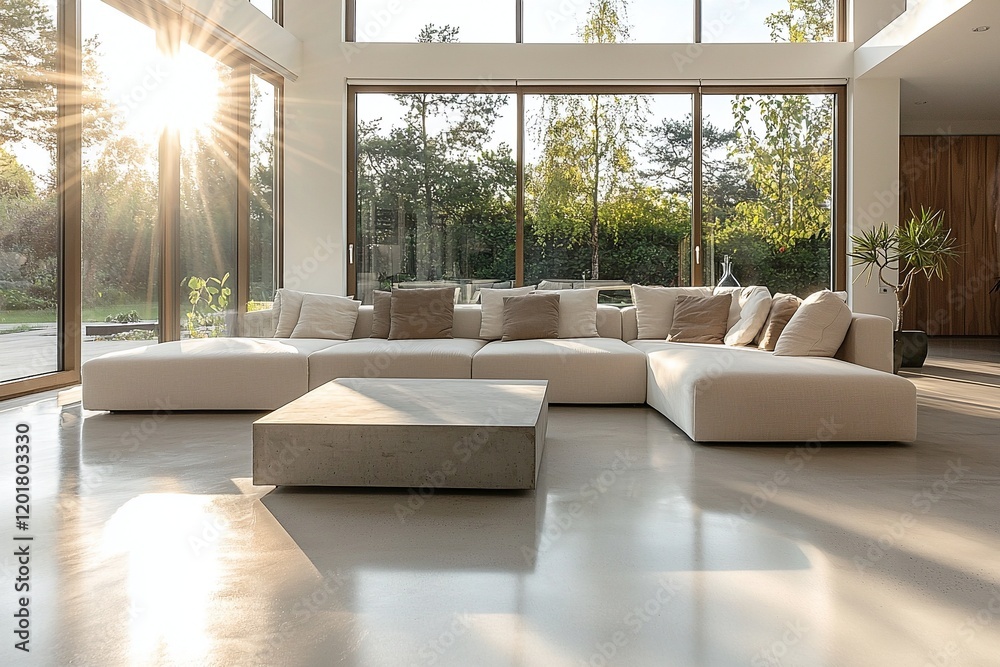Fototapeta premium A modern minimalist interior design for a living room with large windows and a sofa and table. Generative AI 
