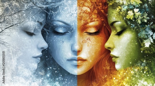 Four seasons represented by ethereal women in a vibrant and artistic portrayal of nature's cycles split by colors
