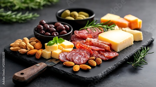 Gourmet Cheese and Charcuterie Board with Olives and Nuts on Slate Serving Tray photo