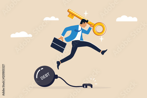 Businessman escaping debt with a golden key, symbolizing financial freedom, overcoming challenges, and debt relief.
 Concept of success, empowerment, and economic independence.