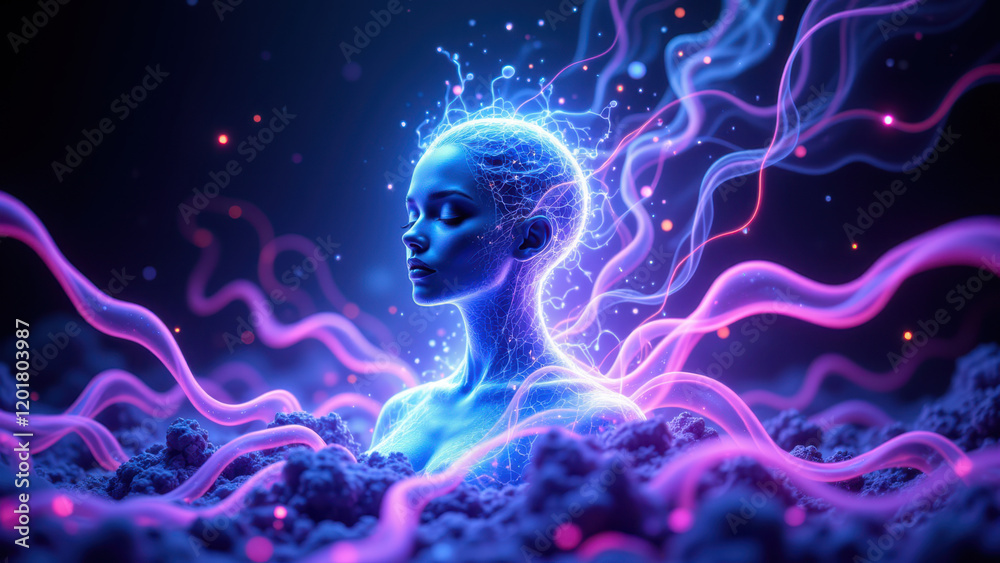 A surreal AI-generated image featuring an ethereal figure with vibrant blue hues and cosmic surroundings, evoking a sense of otherworldly beauty.