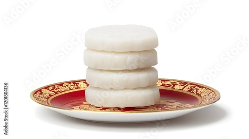 Neatly Stacked Traditional Chinese New Year Rice Cakes on Decorative Plate with Golden Details