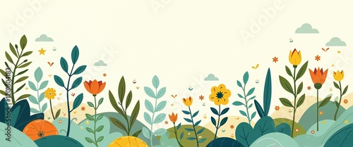 Wallpaper Mural Colorful floral illustration with vibrant flowers and leaves on light background copy space Torontodigital.ca