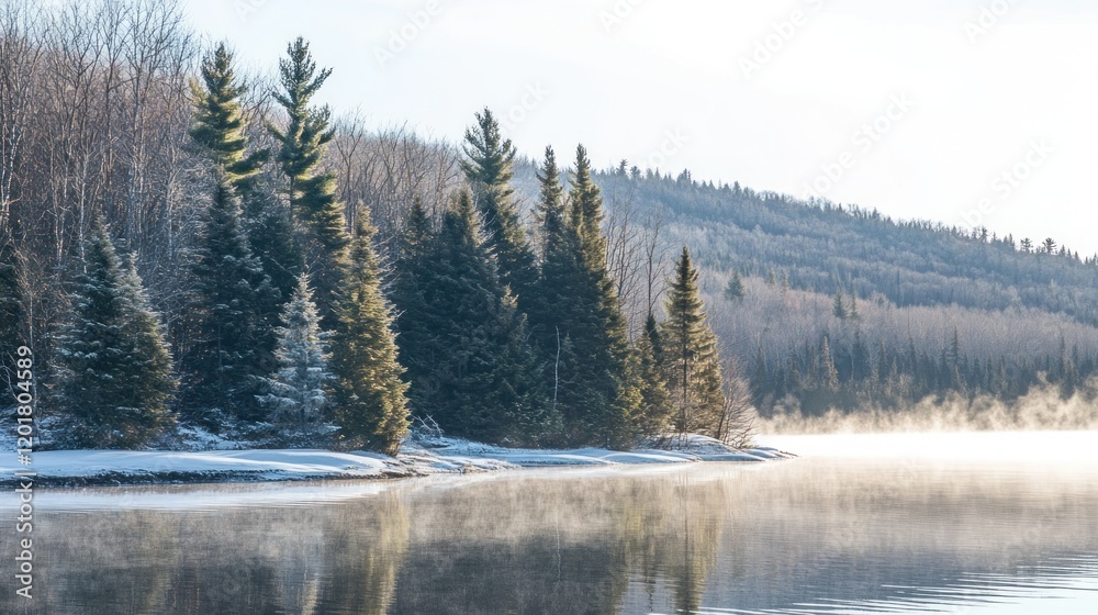 Frosty winter sunrise over calm lake and snow-covered pine trees. Frosty winter sunrise over calm lake and snow-covered pine trees.