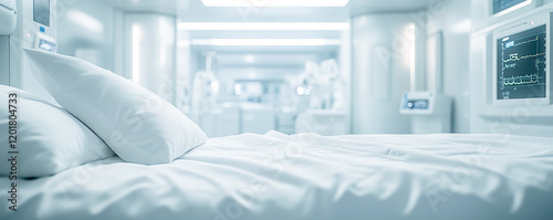 Emergency room with bed with crisp white sheets surrounded by essential medical equipment.