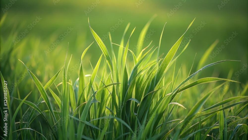 Obraz premium A vibrant close-up showcasing the delicate texture and sunlight illuminating tall blades of bright green grass in a field