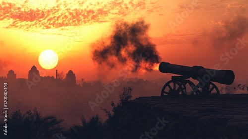 A view of a traditional Ramadan cannon being fired at sunset