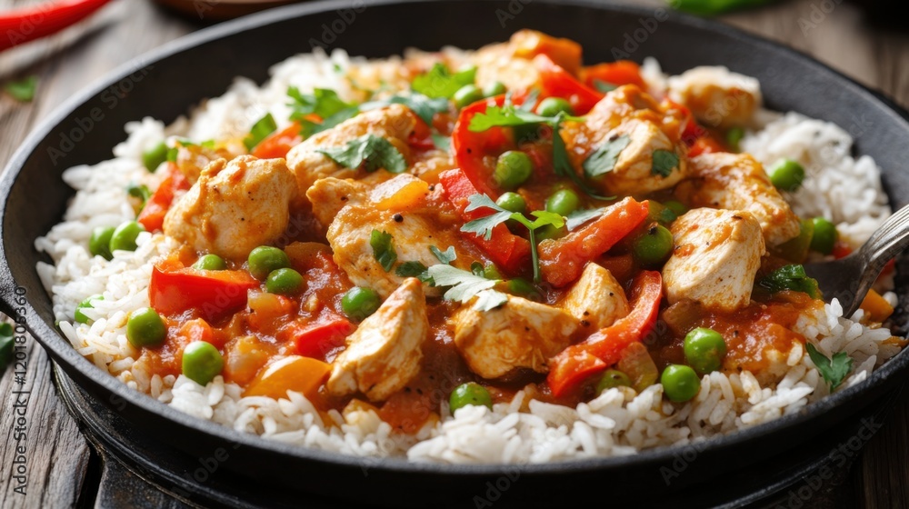 Image of rice and chicken curry with bell peppers and peas in a rustic iron skillet, emphasizing rich and spicy flavors. Ideal for hearty meals and Indian cuisine. Image of rice and chicken curry with bell peppers and peas in a rustic iron skillet, emphasizing rich and spicy flavors. Ideal for hearty meals and Indian cuisine.