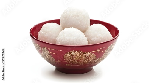 Authentic Glutinous Rice Dumplings Served in Vibrant Red Bowl with Golden Accents on White Background