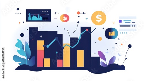 Business-themed background with a stock chart, corporate icons, and economic data, dynamic market trends.
