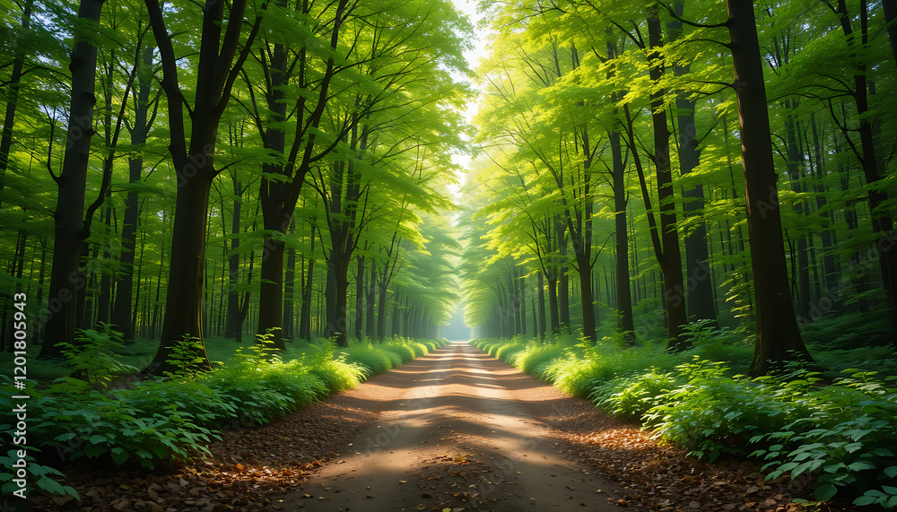Obraz premium Tranquil Forest Pathway Illuminated by Sunlight Nature