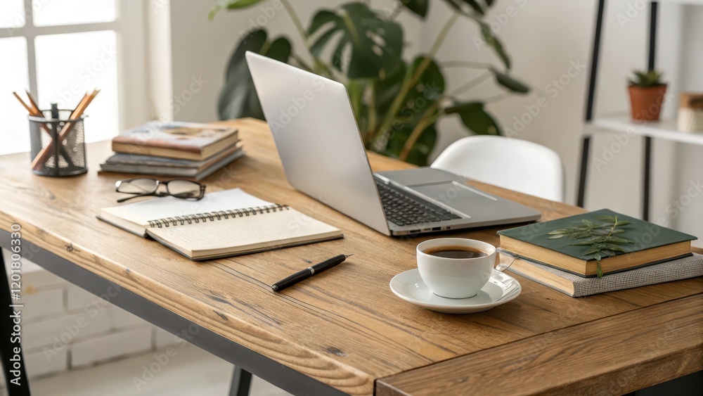 A calm workspace with a laptop, notebook, pen, coffee, and books on a wooden desk A calm workspace with a laptop, notebook, pen, coffee, and books on a wooden desk