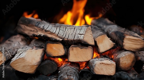 A pile of wood is burning in a fire photo