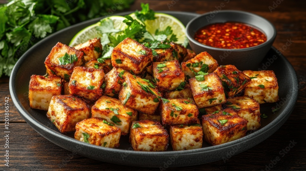 Crispy pan-fried paneer cubes with cilantro, lime, and chili sauce. Crispy pan-fried paneer cubes with cilantro, lime, and chili sauce.