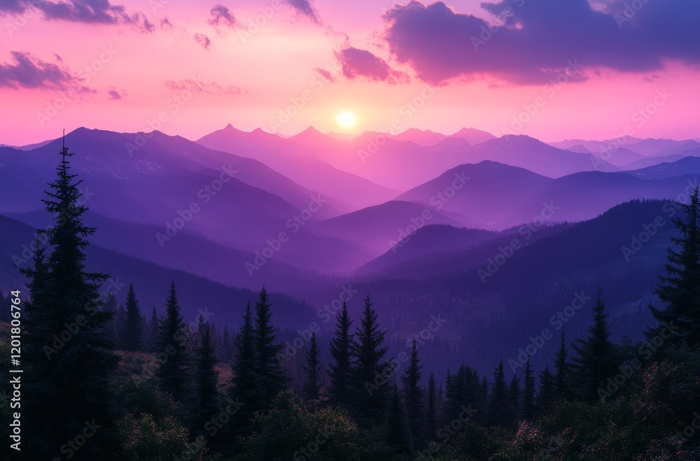 Serene Purple Sky Over Majestic Mountains at Sunset Serene Purple Sky Over Majestic Mountains at Sunset
