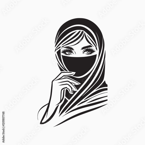 Arab Hijab woman silhouette vector illustration line art hand drawing graphic element design 