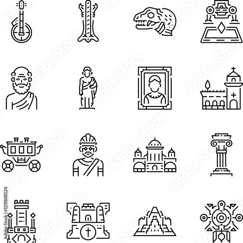 Set of Museum Artefacts Linear Icons 

