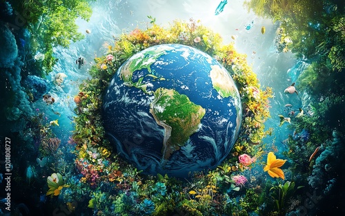 Mother Earth Day with a world globe surrounded by clean oceans, forests, and wildlife, ecofriendly technologies, generative AI, highdefinition, vibrant scenery