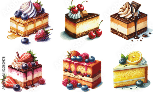 Set of beautiful illustrated watercolor cakes such as cheesecake, fruitcakes, strawberrycake with lots of fruit and more. Each isolated on white background